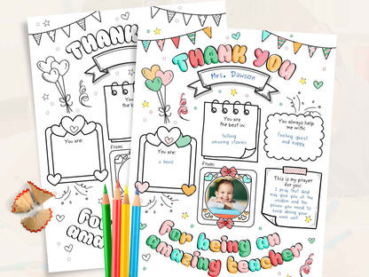 Teacher Appreciation Gift - Coloring Page with Prayer and Photo