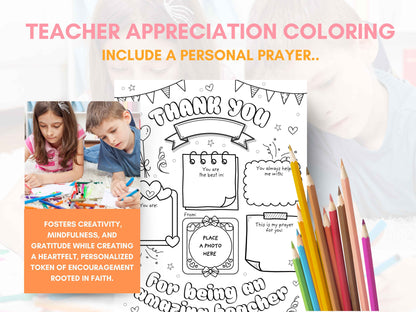 Teacher Appreciation Gift - Coloring Page with Prayer and Photo