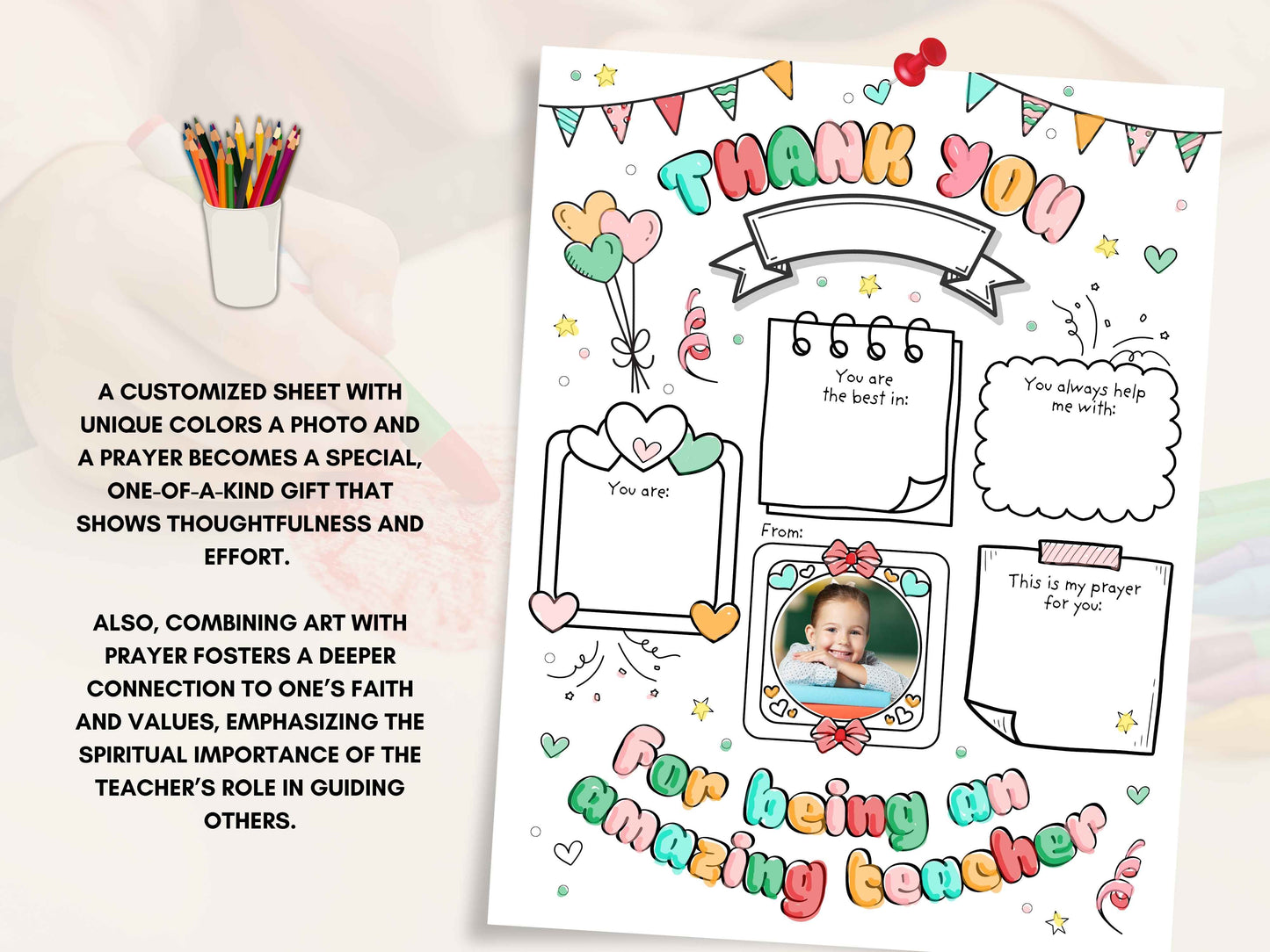 Teacher Appreciation Gift - Coloring Page with Prayer and Photo