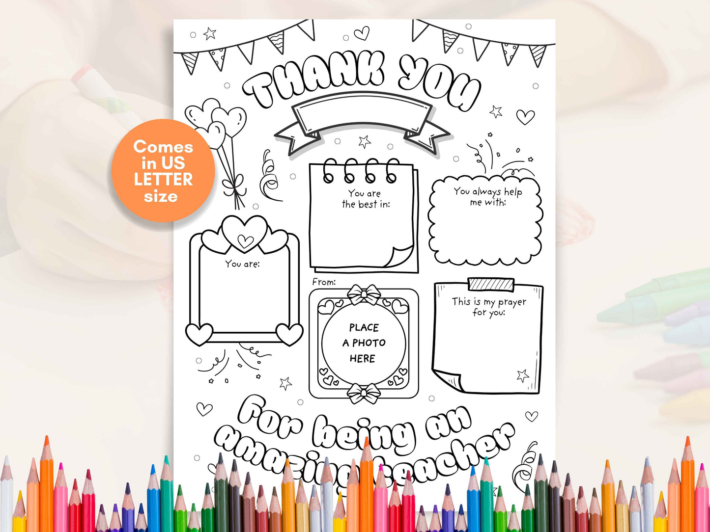 Teacher Appreciation Gift - Coloring Page with Prayer and Photo