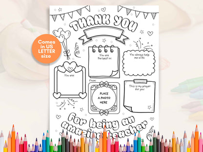 Teacher Appreciation Gift - Coloring Page with Prayer and Photo