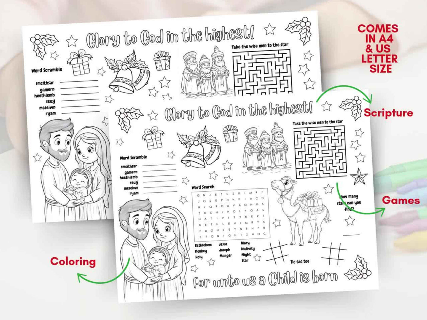 Printable Christmas Activity Coloring Placemat 1