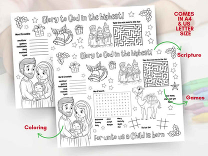 Printable Christmas Activity Coloring Placemat 1