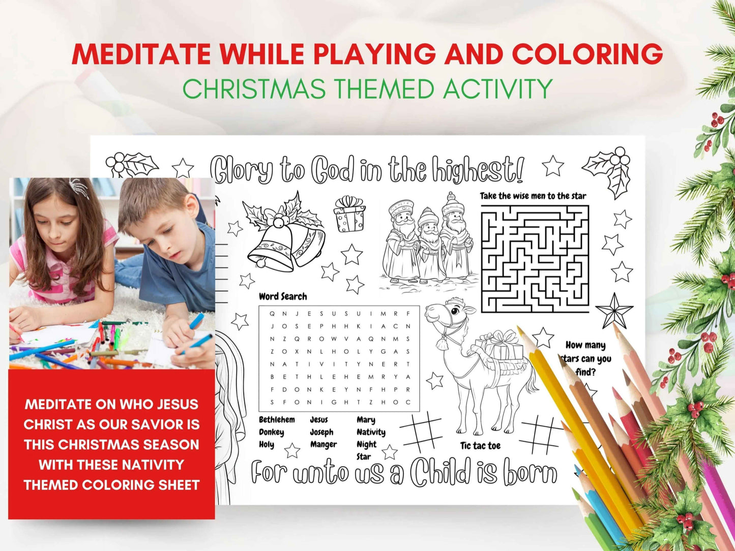 Printable Christmas Activity Coloring Placemat 1