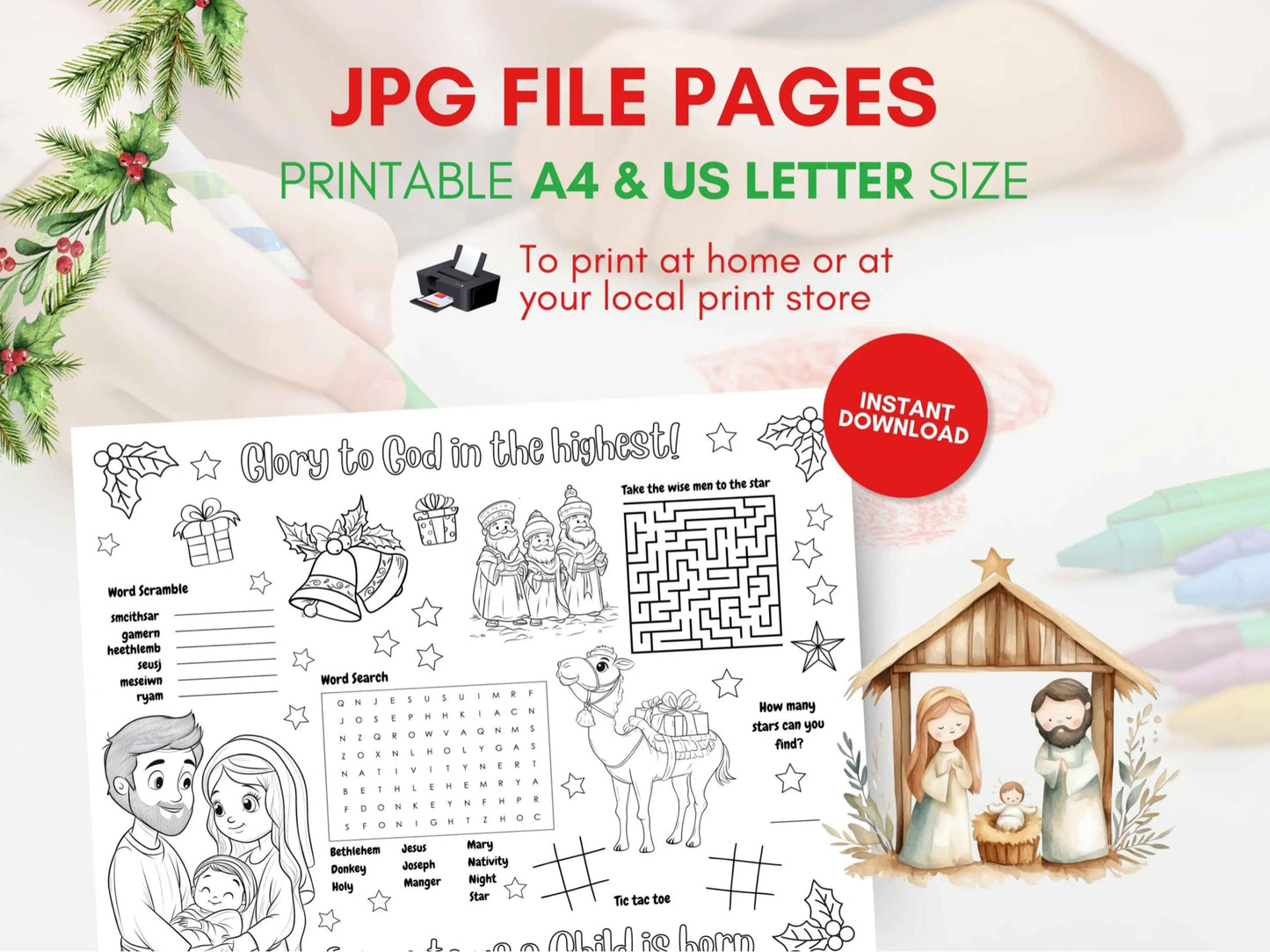 Printable Christmas Activity Coloring Placemat 1