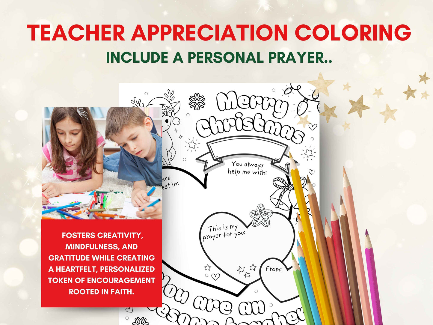 Christmas Teacher Appreciation Coloring Page including Prayer