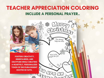 Christmas Teacher Appreciation Coloring Page including Prayer